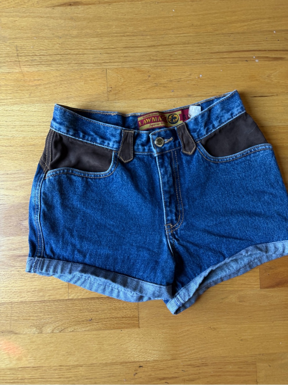 Vintage Lawman Western shorts blue jean brown faux suede pockets Sz 3 XS. - Picture 3 of 7